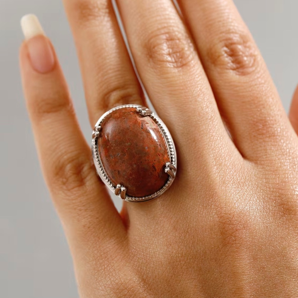 Stamped Poppy Jasper Solitaire Ring by Karis